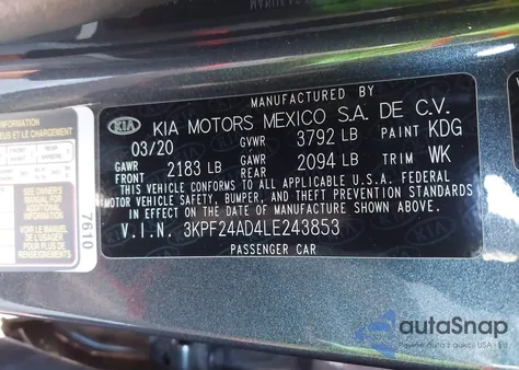 2020 Kia Forte Lxs from USA, damaged, VIN 3KPF24AD4LE243853